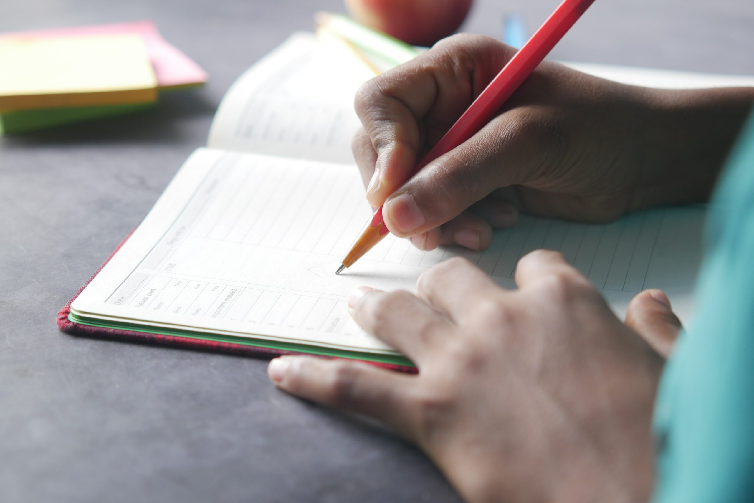 image of someone's hand writing on a planner with a red pen.