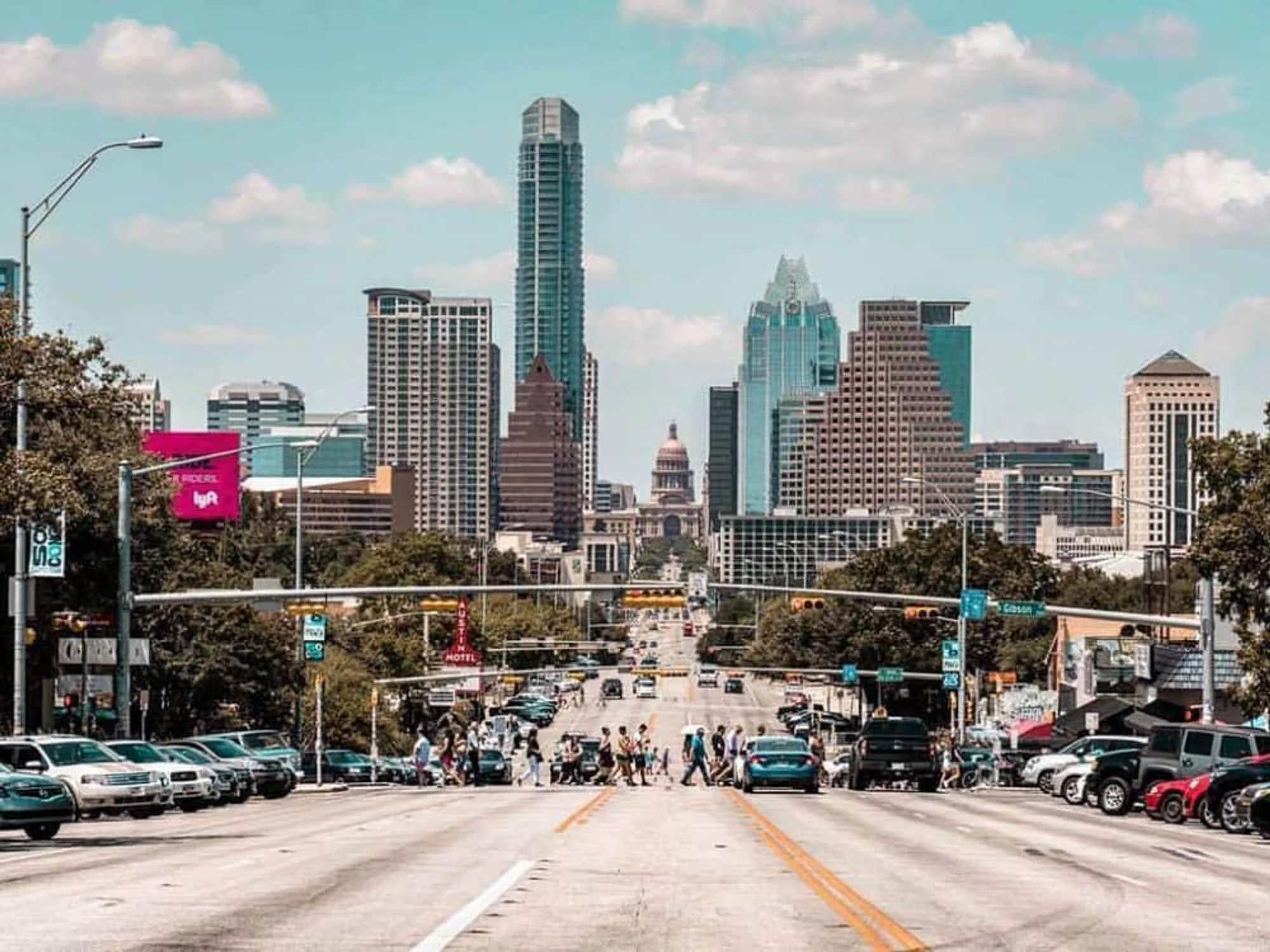 Image of South Congress Avenue with a beautiful skyline view of Downtown